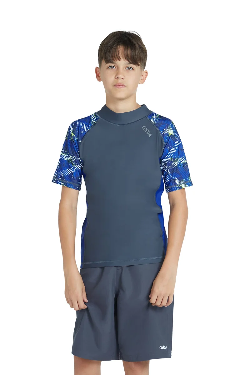 COEGA  Boys Youth Rashguard Short Sleeve - Grey Blue Stripes